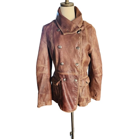 Women's Vintage Rare True Religion Jeans Leather Double Breasted Coat